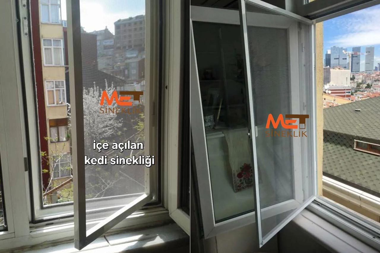 Ankara’da pencereye uygulanmış içe açılır kedi sinekliği modeli, kedilere özel güvenlik filesi ile donatılmış